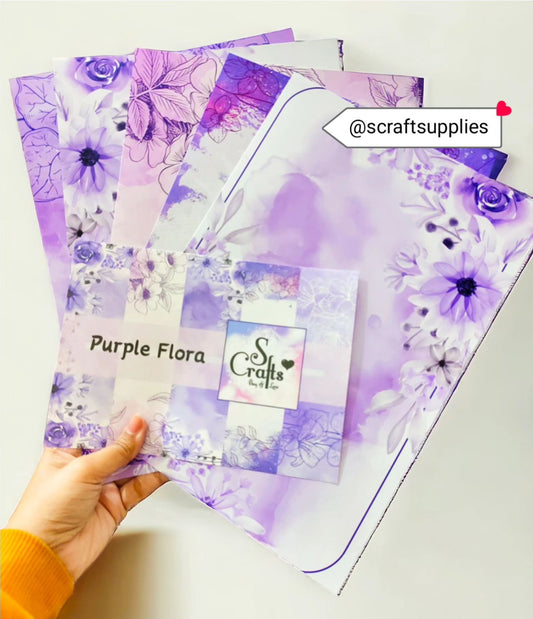 Pattern sheet : Purple Flora [ Set of 5 × Designs ] Scrapbooking sheets A4 | 180gsm